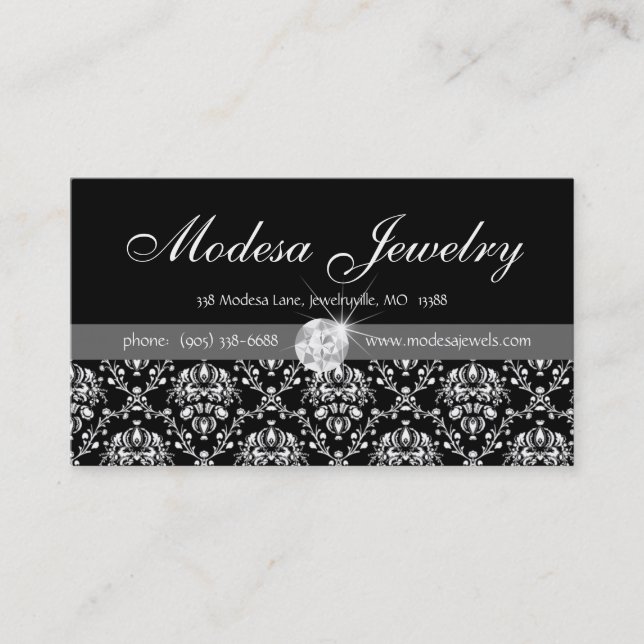 Jewelry Business Cards Birthstones Damask Diamond (Front)