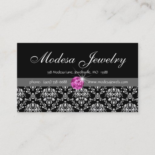 Customizable Jewelry Business Cards Birthstones Damask Pink CZ