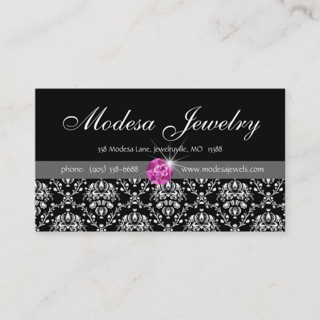 Jewelry Business Cards Birthstones Damask Pink CZ (Front)