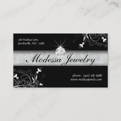 Jewelry Business Cards Birthstones Floral Black Wh