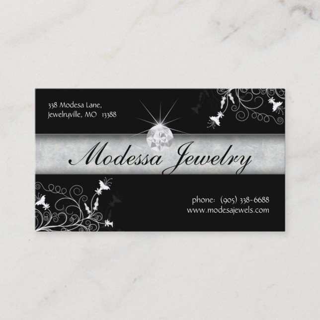 Jewelry Business Cards Birthstones Floral Black Wh (Front)