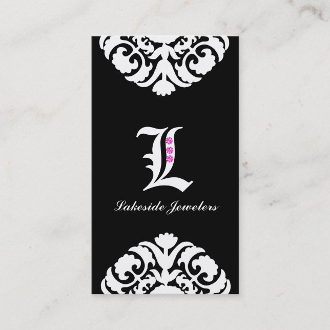 Jewelry Business Cards Damask Monogram Black 2 (Front)