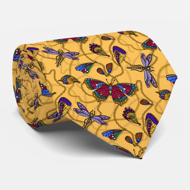 Jewelry butterflies and dragonflies on yellow neck tie (Rolled)