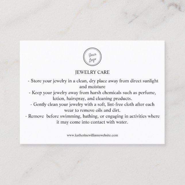 Jewelry Care Card Add Your Logo QR Code  (Front)