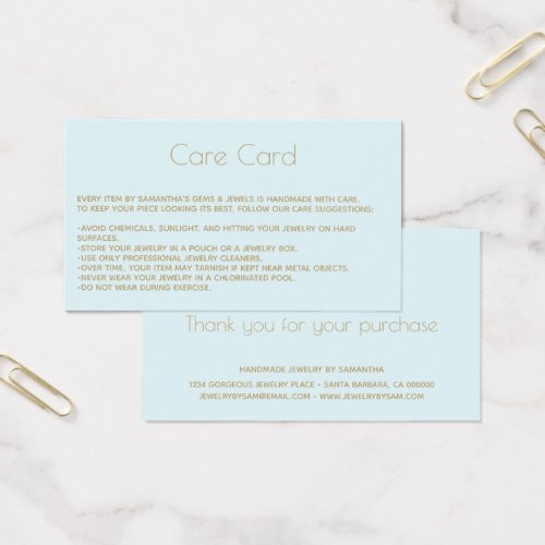 Jewelry Care Card Instructions with logo  Blue