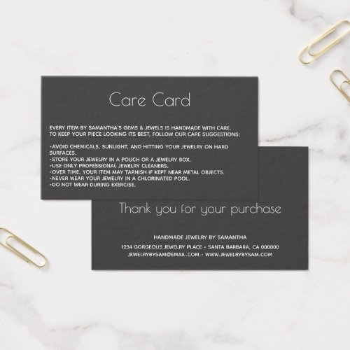 Jewelry Care Card Instructions with logo Gray