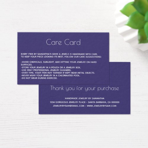 Jewelry Care Card Instructions with logo  Purple