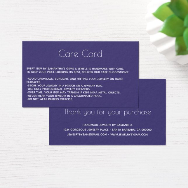 Jewelry Care Card Instructions with logo  Purple (Desk)