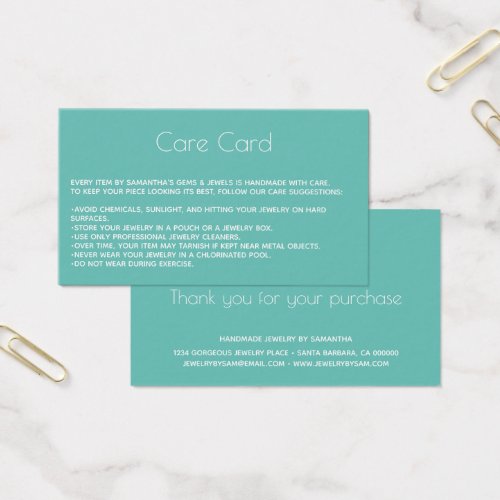 Jewelry Care Card Instructions with logo  Teal