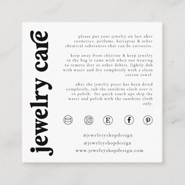 Jewelry Care Card, Order Insert, Small Business Enclosure Card (Front)