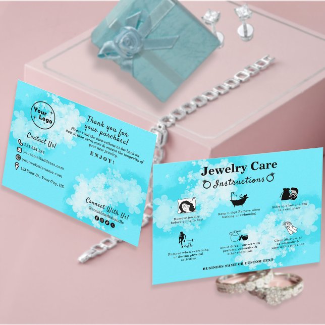 Jewelry Care Guide Modern Cute Blue Floral Enclosure Card (Creator Uploaded)
