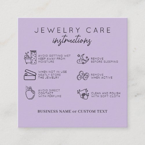 Jewelry Care Instruction Purple Thank You Business Enclosure Card