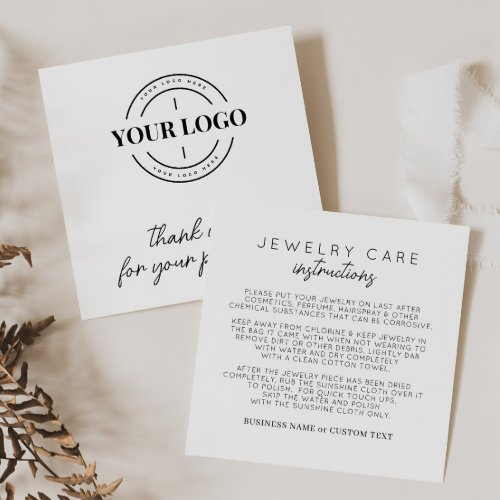 Jewelry Care Instruction Thank You Logo Business Enclosure Card