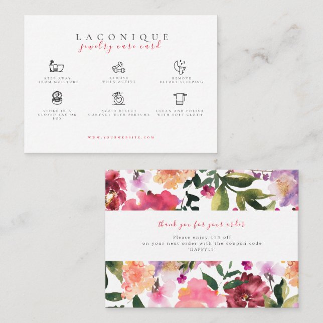  Jewelry Care Instructions | Watercolor Flower Business Card (Front/Back)