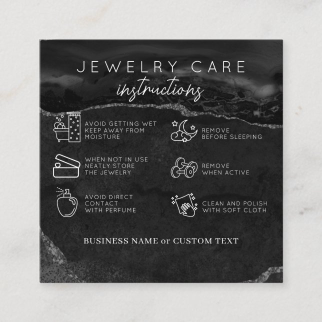 Jewelry Care Thank You Black Silver Agate Business Enclosure Card (Front)
