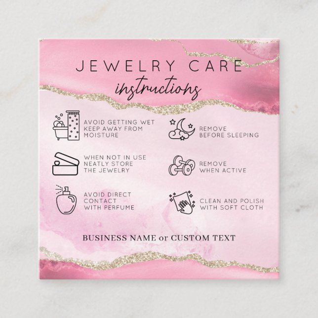 Jewelry Care Thank You Pink Gold Agate Business Enclosure Card (Front)
