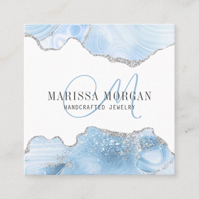 Jewelry Designer Blue Agate Geode Monogram  Square Business Card (Front)