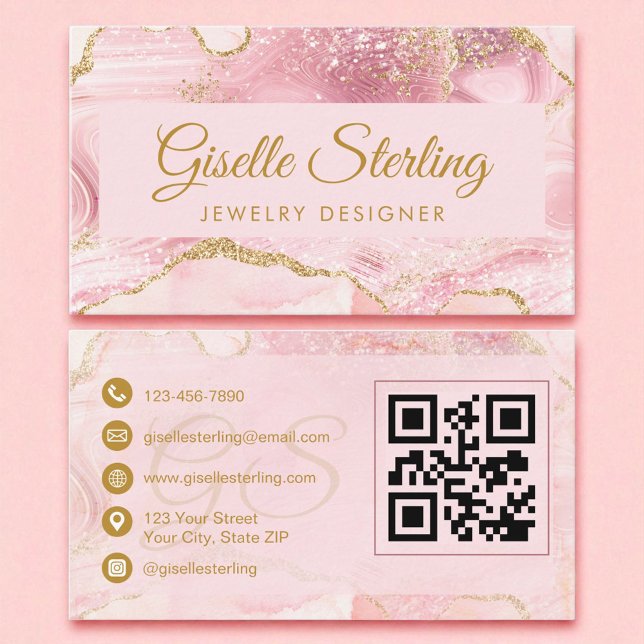 Jewelry Designer Blush Pink Gold Agate QR Code Business Card (Creator Uploaded)