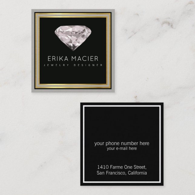 jewelry designer chic & elegant black square business card (Front/Back)