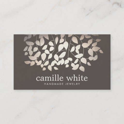 Customizable Jewelry Designer Faux Gold Foil Leaves Taupe Business Cards