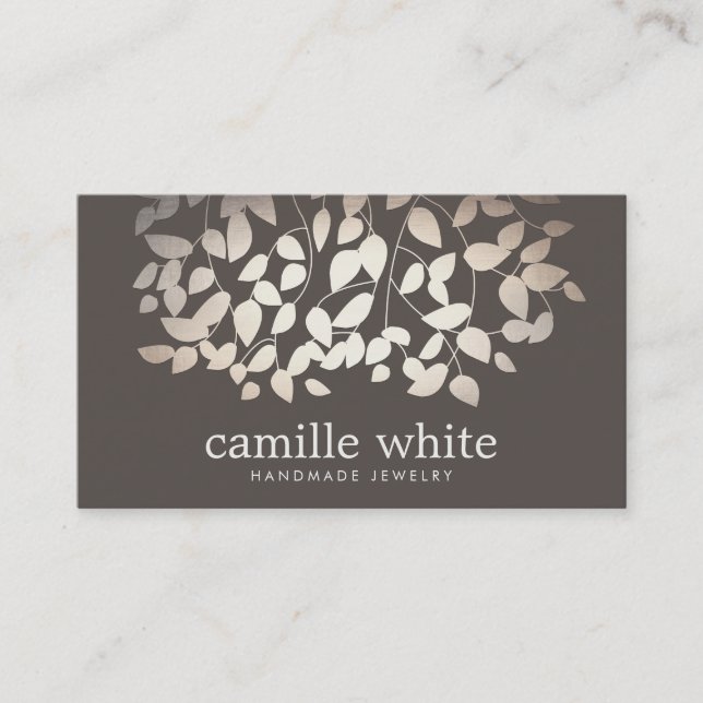 Jewelry Designer Faux Gold Foil Leaves Taupe Business Card (Front)