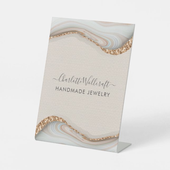 Jewelry Designer Pink Gold Glitter Agate Pedestal Sign (Front)