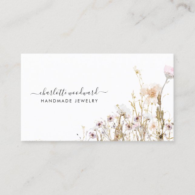 Jewelry Designer Pink Gold Glitter Wildflowers Business Card (Front)