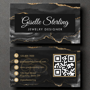 Jewelry Designer QR Code Black Gold Agate Luxury Business Card