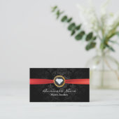 Jewelry Designer Red Ribbon Damask Modern Business Card (Standing Front)