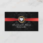 Jewelry Designer Red Ribbon Damask Modern Business Card (Front)