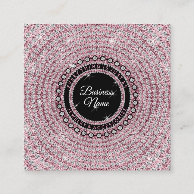 Jewelry Diamond Circle Pink Glitz Bling Elegant Square Business Card (Front)