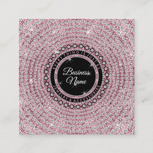 Jewelry Diamond Circle Pink Glitz Bling Elegant Square Business Card