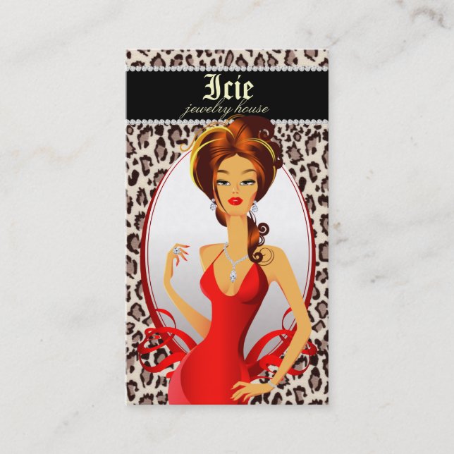 Jewelry Diamonds Red Leopard Beige Business Card (Front)