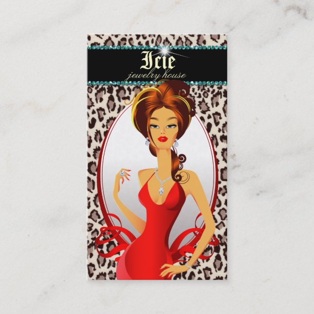 Jewelry Diamonds Red Leopard Beige Teal Business Card (Front)