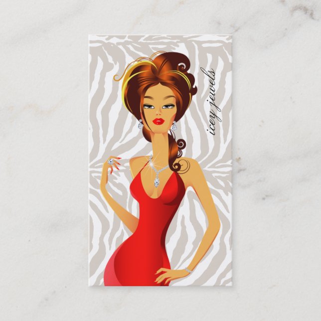 Jewelry Diamonds Red Woman Zebra Beige Business Card (Front)