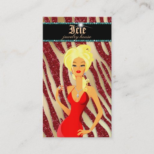 Customizable Jewelry Diamonds Red Zebra Sparkle Gold Blonde Business Card Template