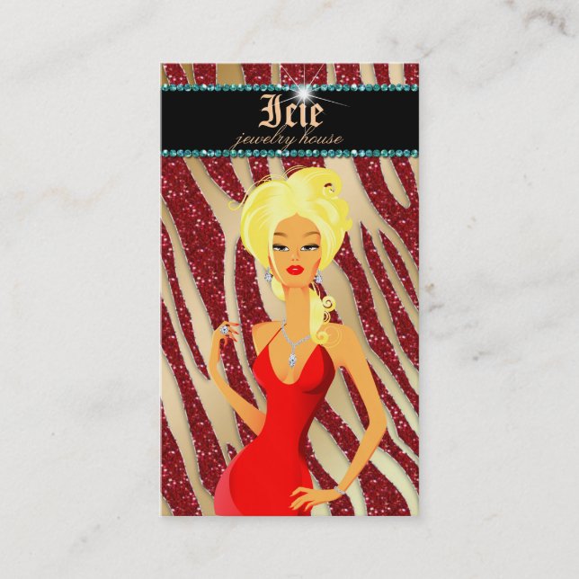 Jewelry Diamonds Red Zebra Sparkle Gold Blonde Business Card (Front)