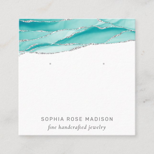 Jewelry Display Silver Glitter Teal Agate Square Business Card (Front)
