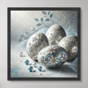 Jewelry embellished glass silver blue Easter eggs Framed Art