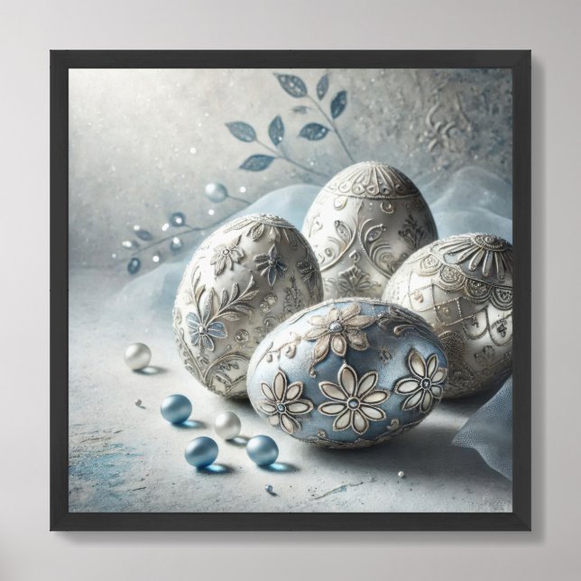 Jewelry embellished glass silver blue Easter eggs Framed Art (Framed Front)