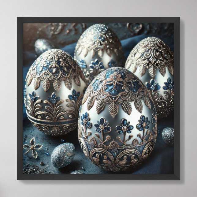 Jewelry embellished glass silver blue Easter eggs Framed Art (Framed Front)