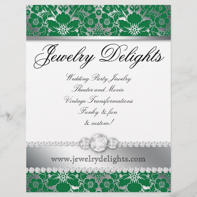 Jewelry Flyer Hair Salon Floral Damask Green (Front)