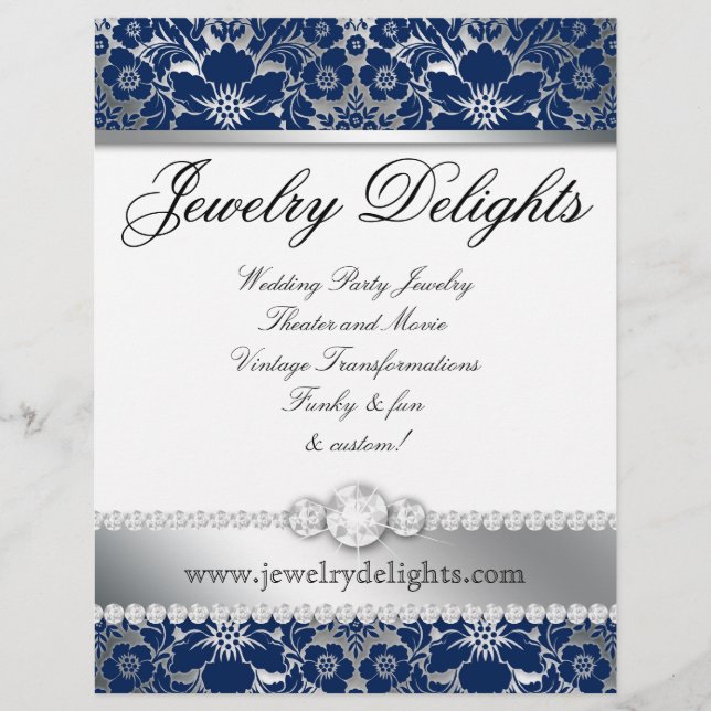 Jewelry Flyer Hair Salon Floral Damask Navy Silver (Front)