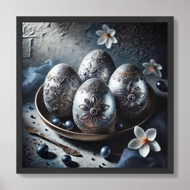 Jewelry glass silver and blue Easter eggs Framed Art (Framed Front)