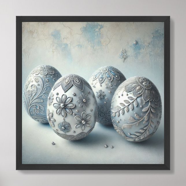 Jewelry glass silver and pastel blue Easter eggs Framed Art (Framed Front)