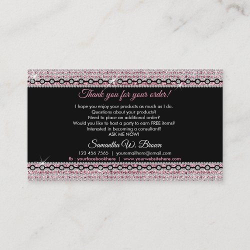 Jewelry Glitter Pink Diamonds Thank You For Order Business Card