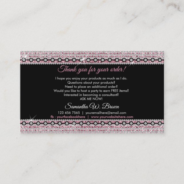Jewelry Glitter Pink Diamonds Thank You For Order Business Card (Front)