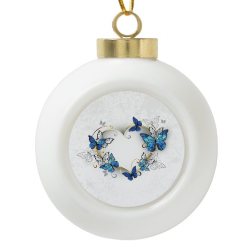 Jewelry Heart with Butterflies Morpho Ceramic Ball Christmas Ornament