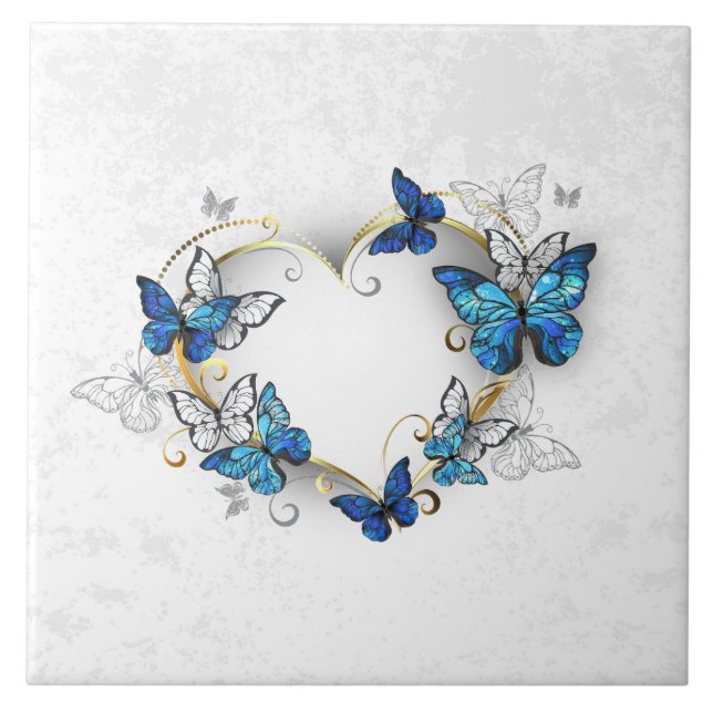 Jewelry Heart with Butterflies Morpho Ceramic Tile (Front)