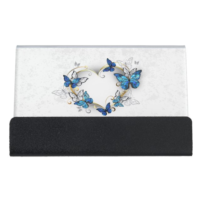 Jewelry Heart with Butterflies Morpho Desk Business Card Holder (Front)